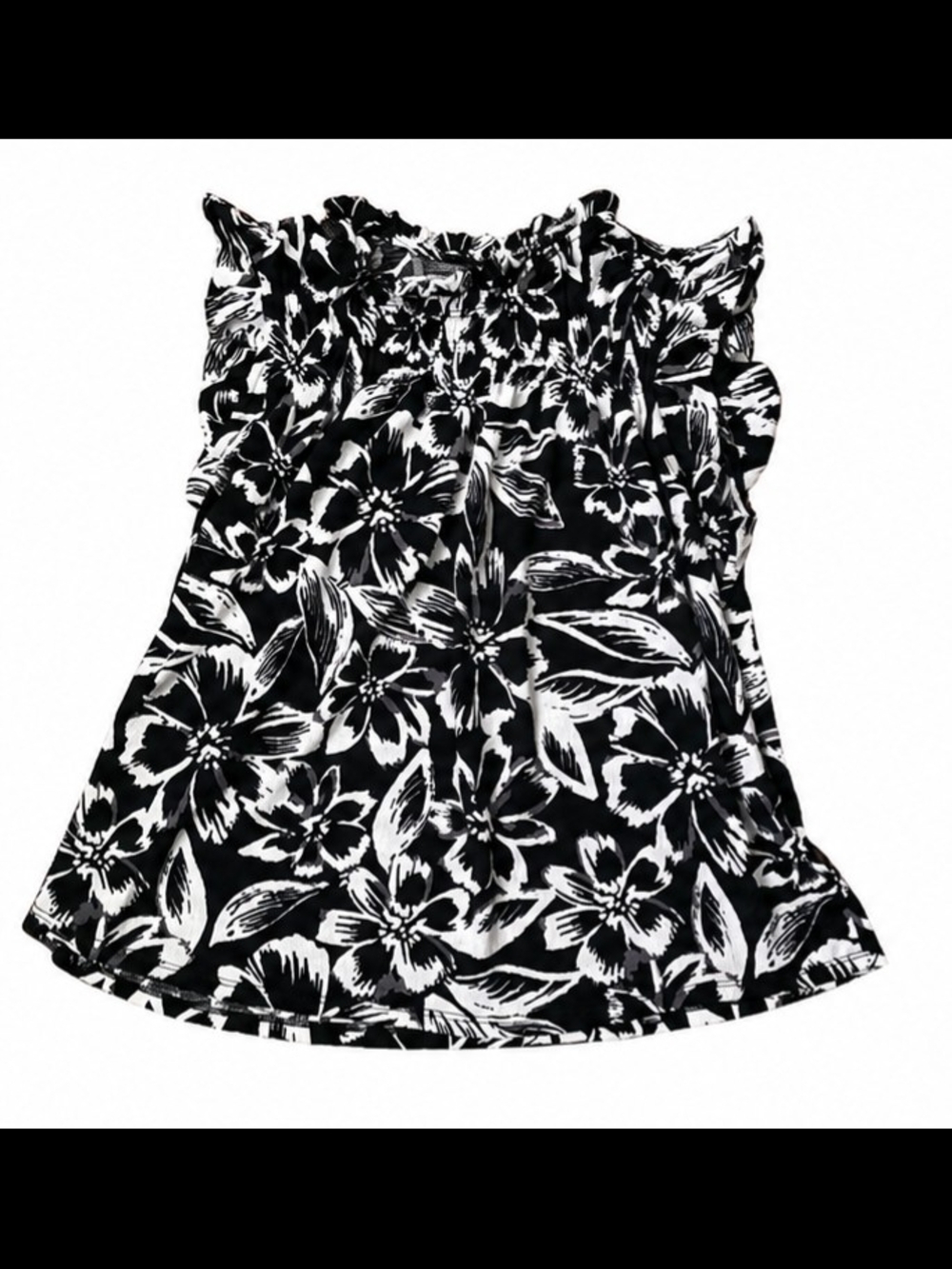 Fred David Women’s 2X Black & White Floral Sleeveless Ruffle Neck Blouse